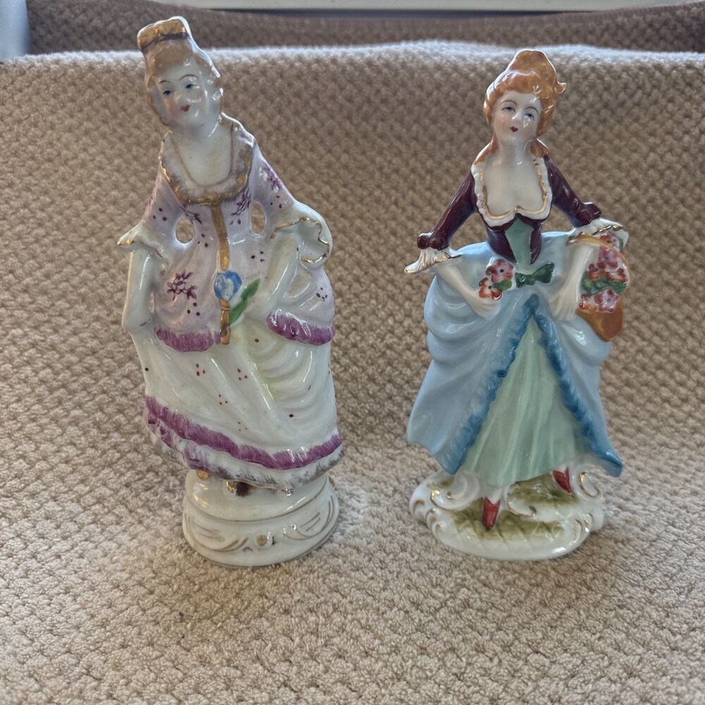 Victorian Women (2) Figurines Hand Painted Occupied Japan Vintage 1945-1952
